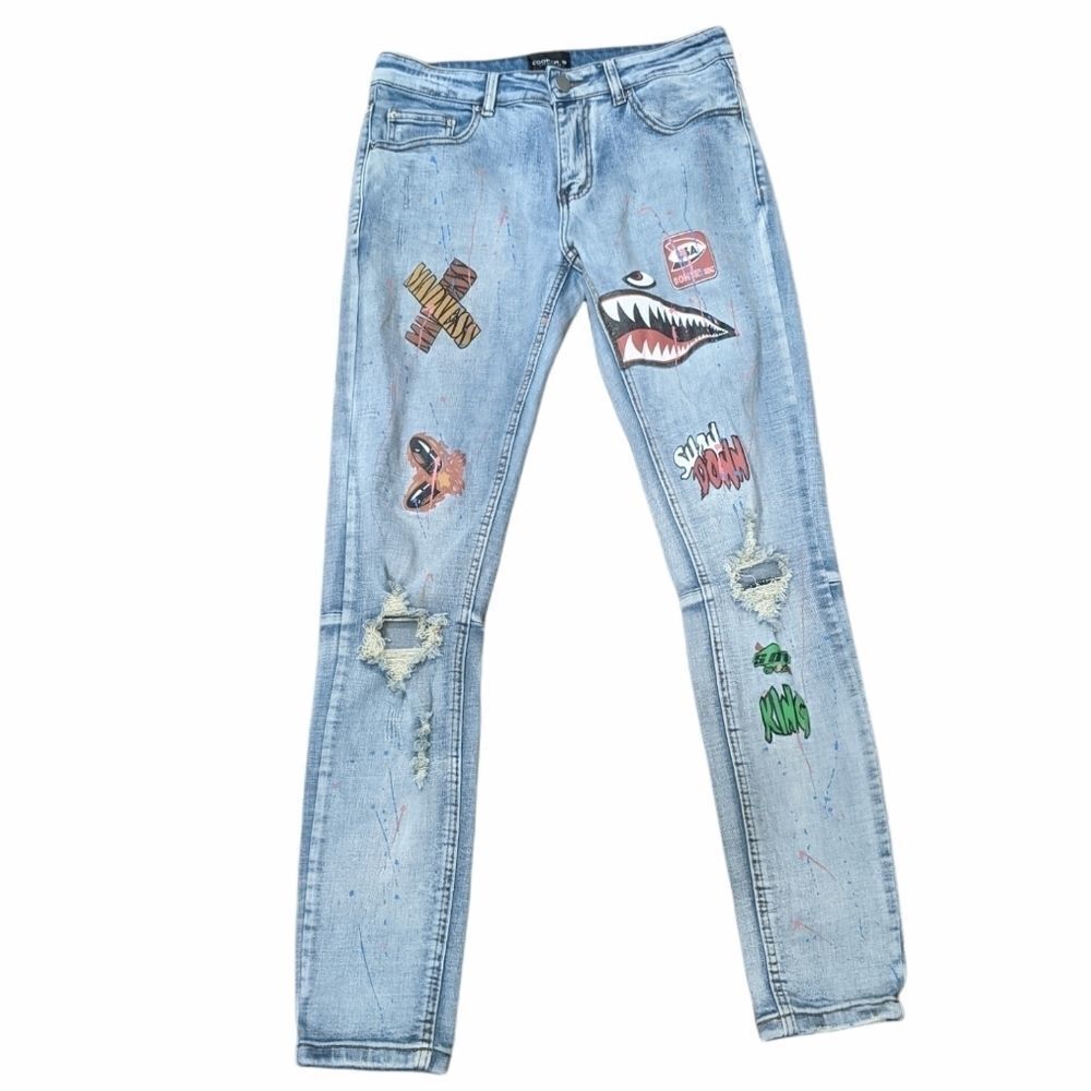 COOPER 9 LOS ANGELES Men's Light Wash Streetwear Splatter Paint Skinny Jeans 30